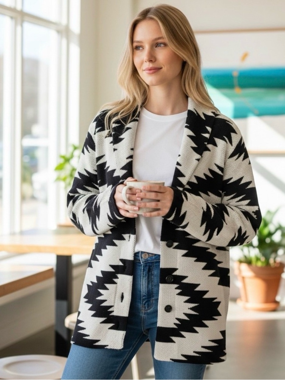 Chaps Southwestern Black & White Button-Front Cardigan knit sweater size L NWOT